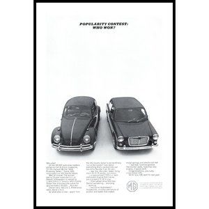 1965 MG Sports Sedan Popularity Contest VS Beetle Bug VIntage Print Ad Wall Art